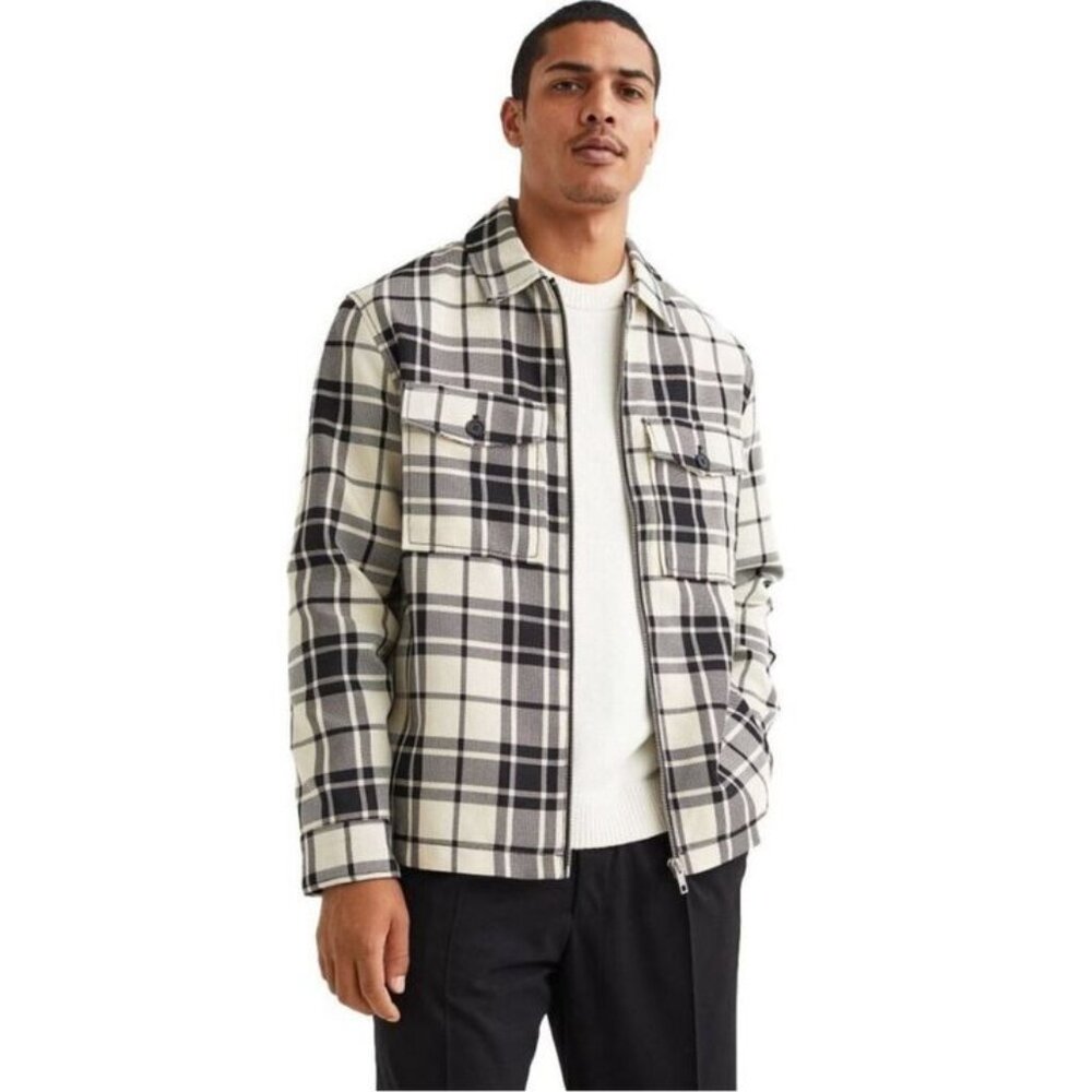 H&M NEW Black White plaid Checkered Full zip Shirt Jacket Shacket, sz L